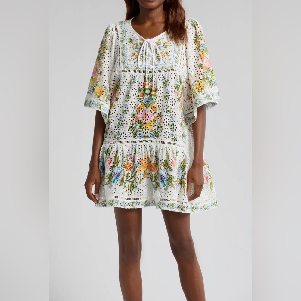 FARM Rio 💐 Sweet Bloom Bouquet Cotton Eyelet Cover-Up Minidress Size L, NWT - Picture 3 of 15